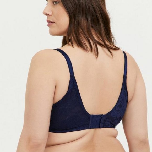 LIKE NEW!! 42DDD TORRID NAVY BLUE PLUNGE PUSH-UP FLORAL LACE BACK SMOOTHING BRA - Picture 7 of 10